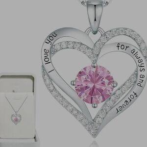 Sterling Silver I Love You Forever Always Heart Necklace Pink Gemstone Pendant
